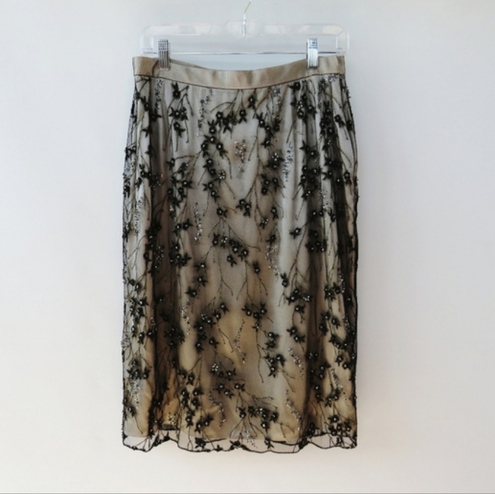 Badgley Mischka Taupe Black Mesh Beaded Embroidered Skirt Size 14